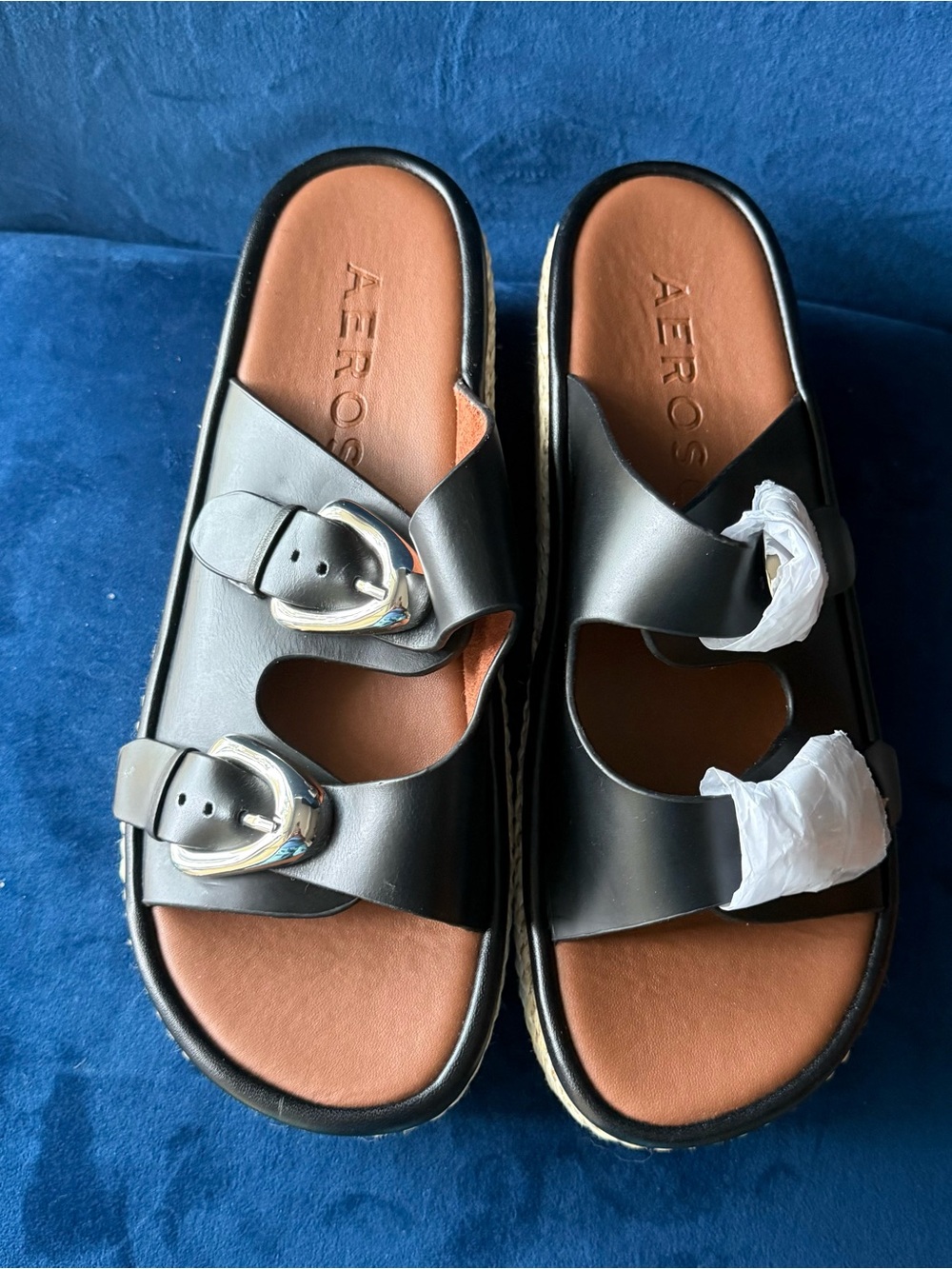 AEROSOLES Black Double-Buckle Slide Sandals